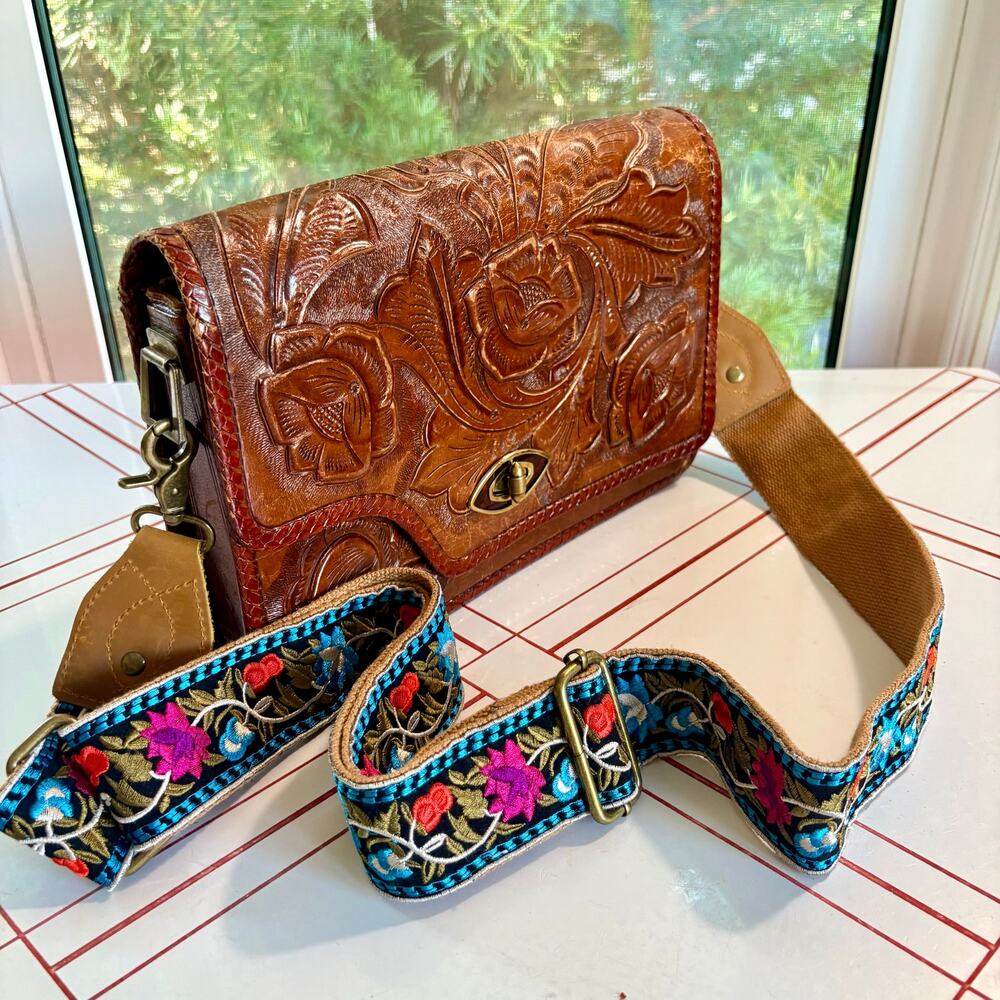 Vintage House of Oppenheim Tooled Leather Floral Purse Boho Western Bag